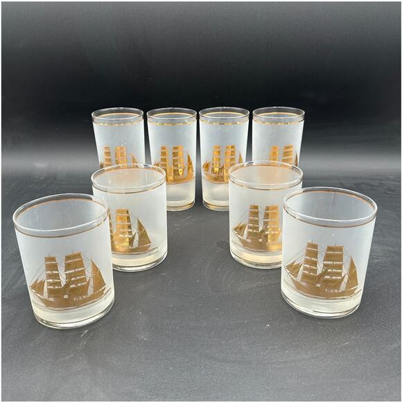 Vintage Culver Gold Clipper Ships Frosted Highball Glass Set of 4 - Picture 7 of 8